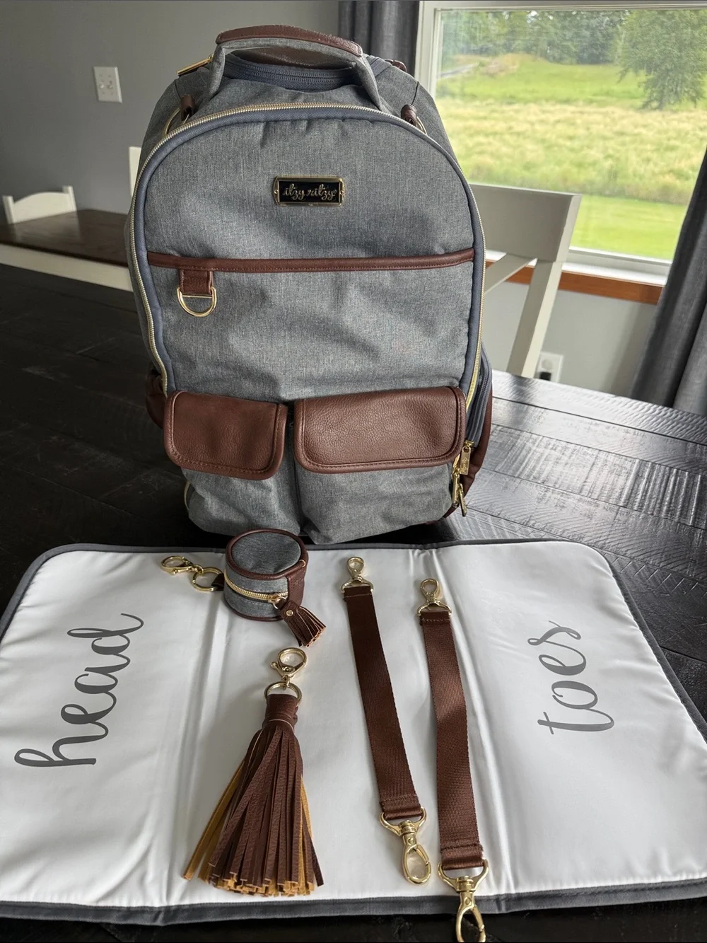 Grey & Brown Diaper Backpack with Accessories